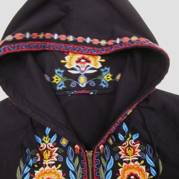 Black Hoodie Full Zip Embroidery Boho Kangaroo Pocket - Picture 7 of 12